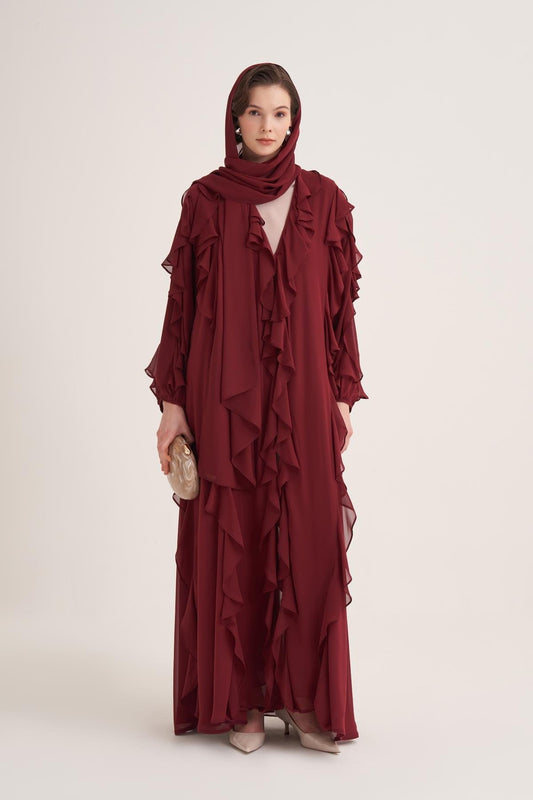 Chiffon Ruffle Open Abaya with Matching Scarf in Burgundy