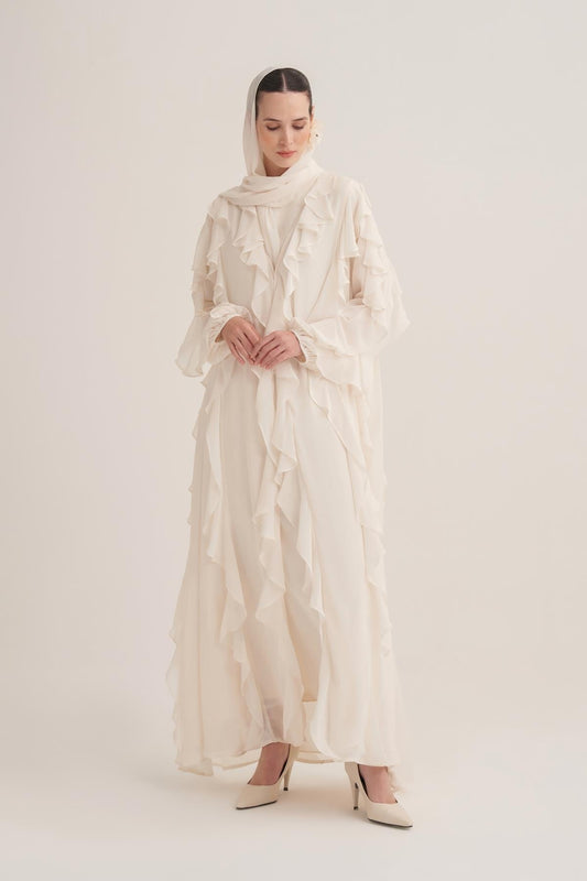 Chiffon Ruffle Open Abaya with Matching Scarf in Cream
