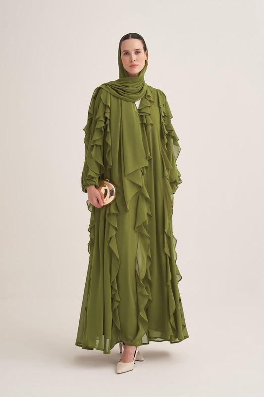 Chiffon Ruffle Open Abaya with Matching Scarf in Green