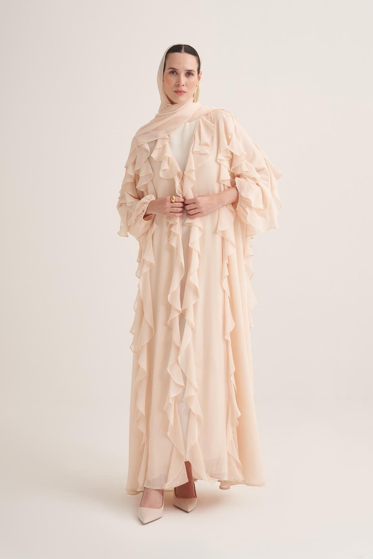 Chiffon Ruffle Open Abaya with Matching Scarf in Light Yellow