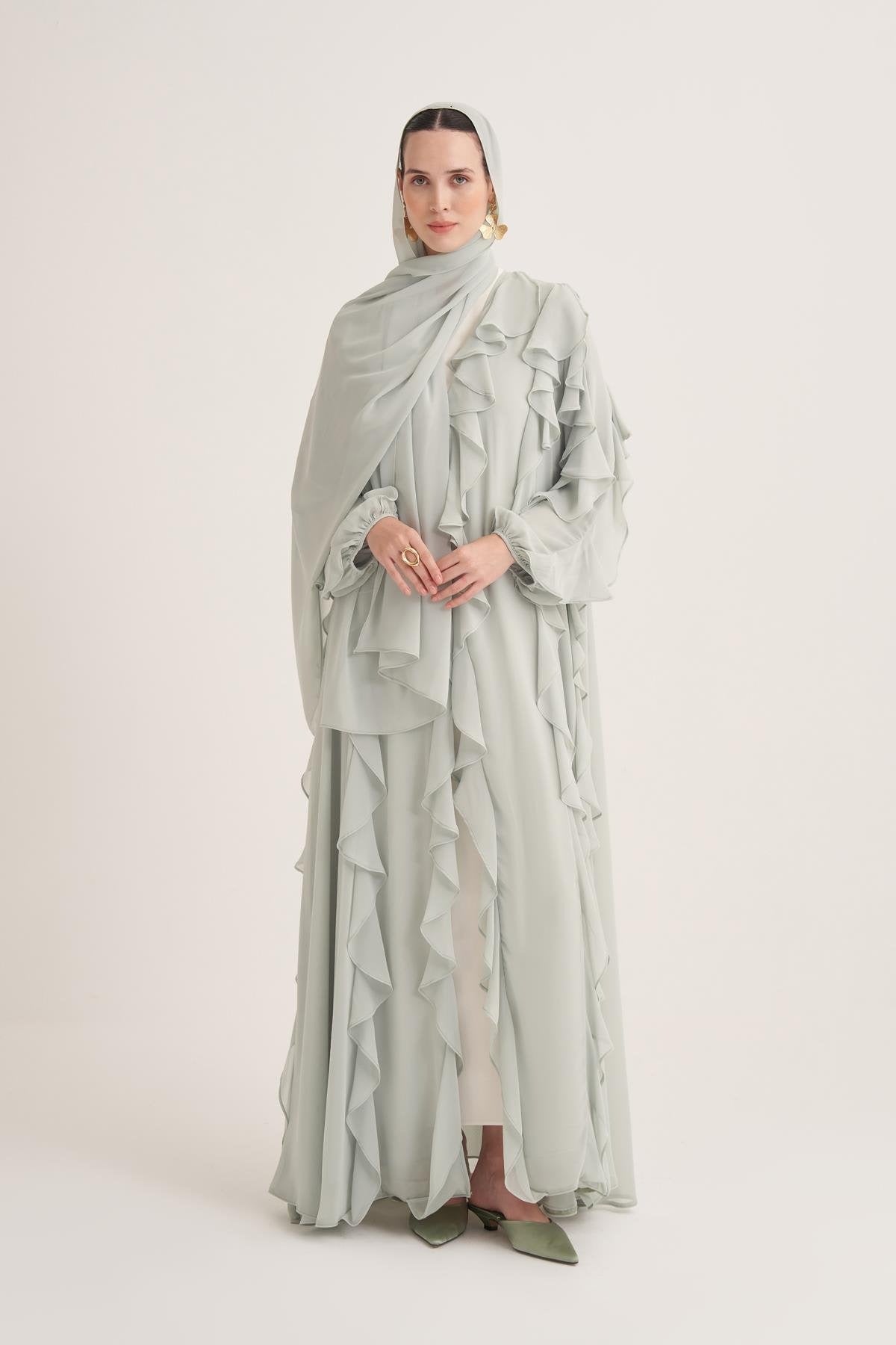 Chiffon Ruffle Open Abaya with Matching Scarf in Mint
