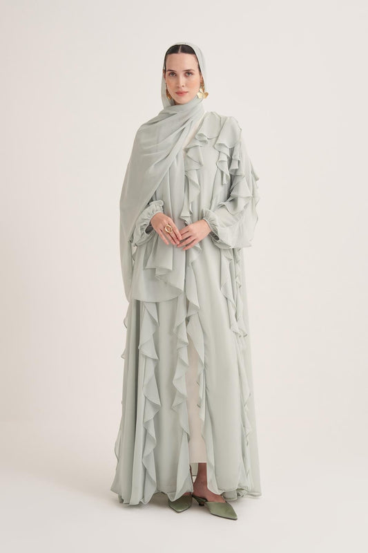 Chiffon Ruffle Open Abaya with Matching Scarf in Mint