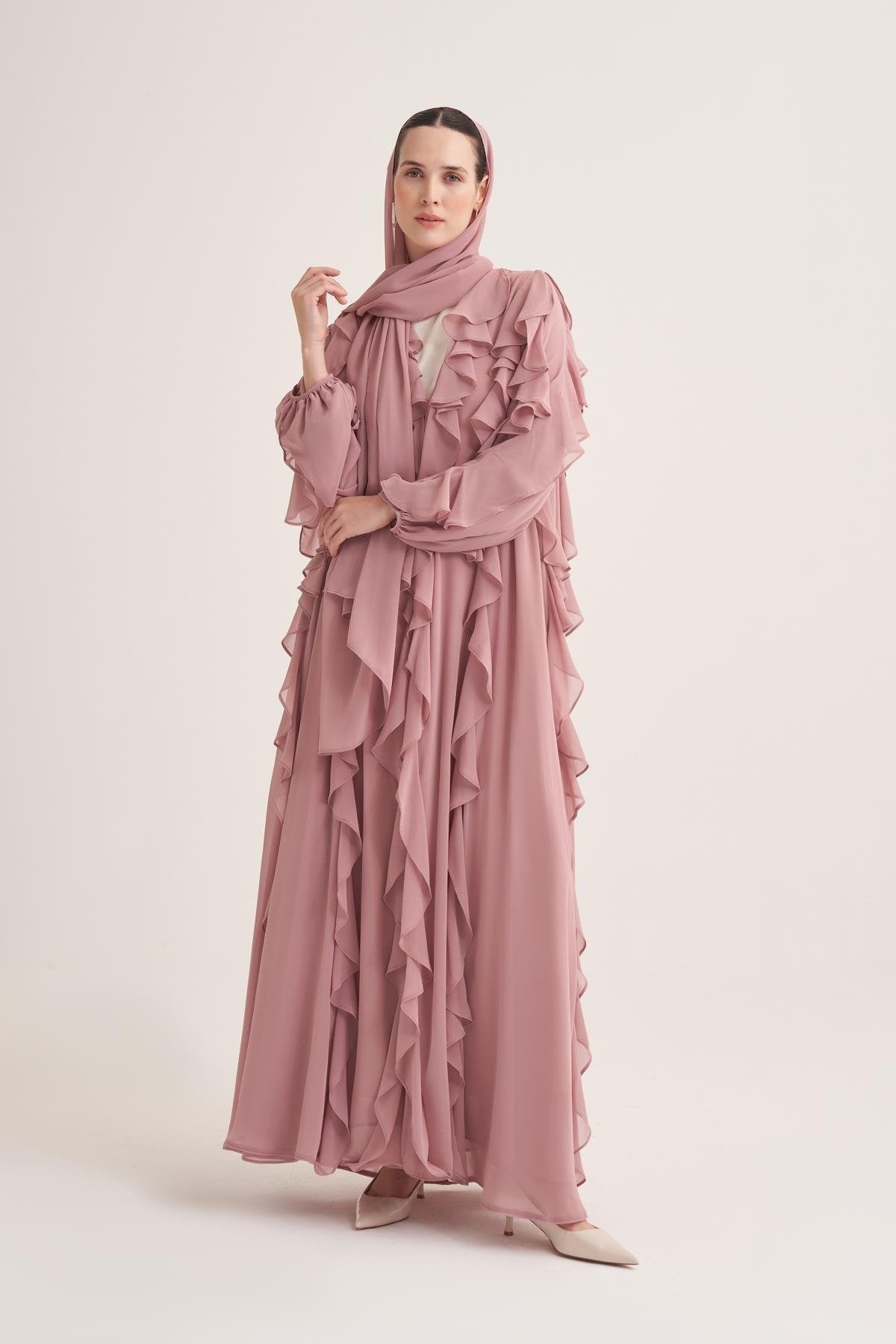 Chiffon Ruffle Open Abaya with Matching Scarf in Powder