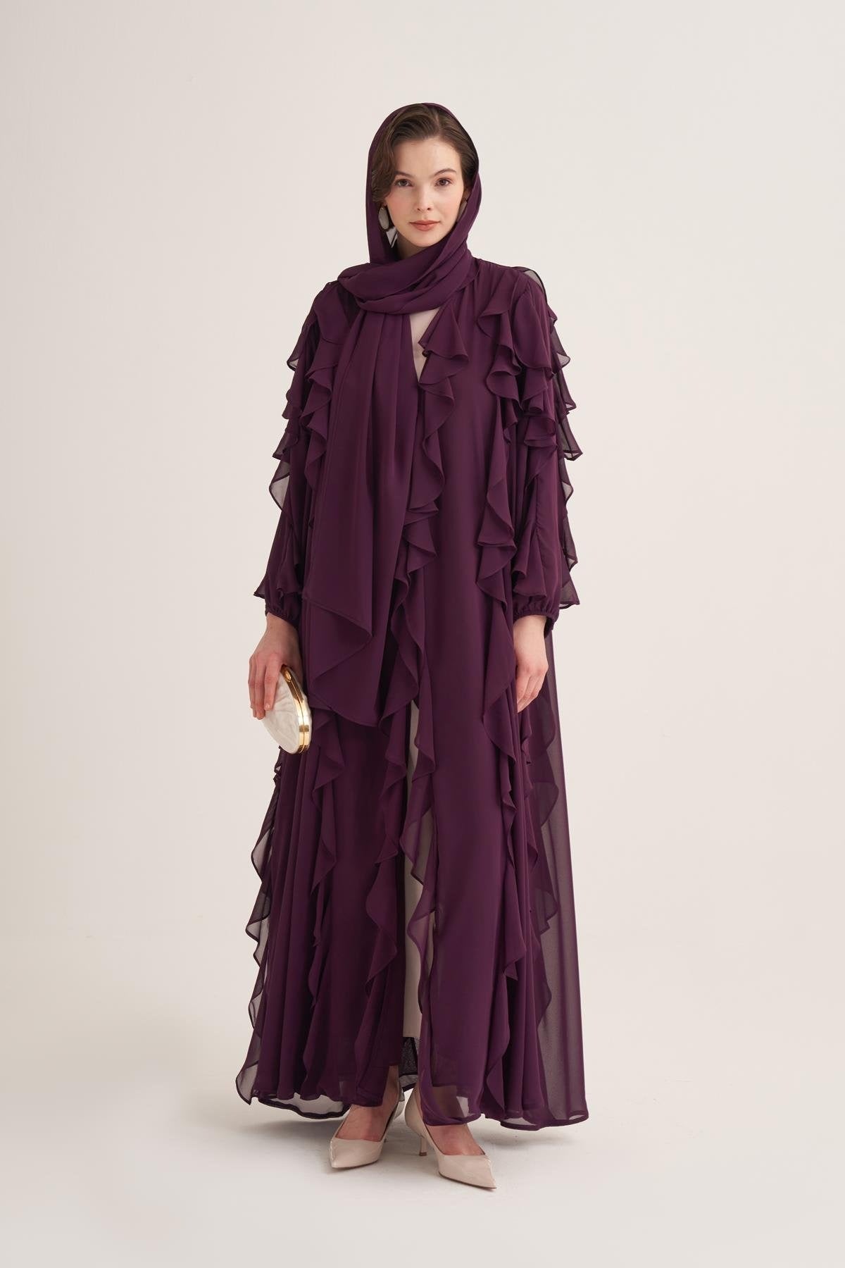 Chiffon Ruffle Open Abaya with Matching Scarf in Purple