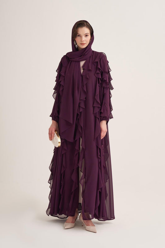 Chiffon Ruffle Open Abaya with Matching Scarf in Purple
