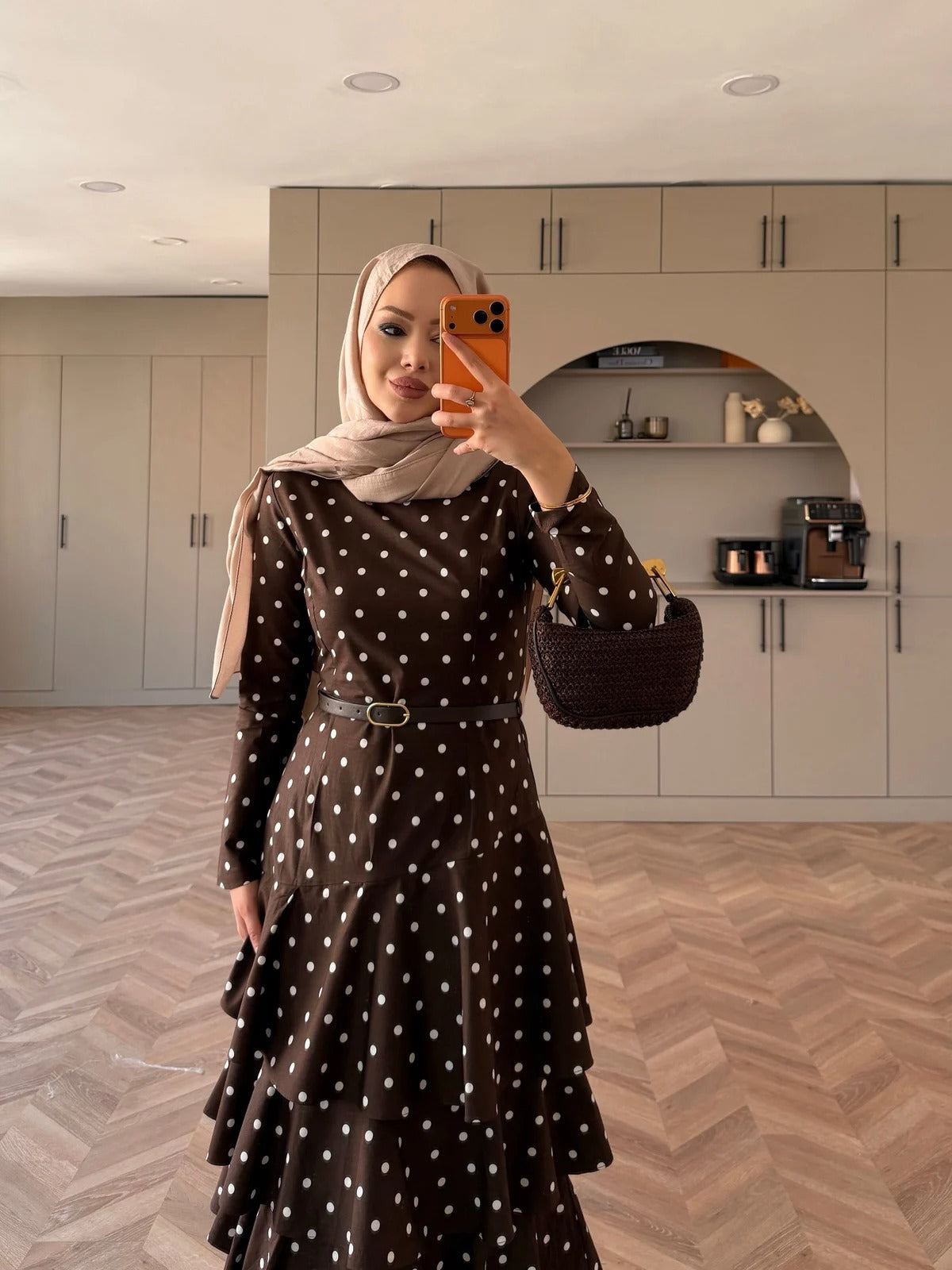 White Polka Dot Side-Tie Poplin Maxi Dress - Brown