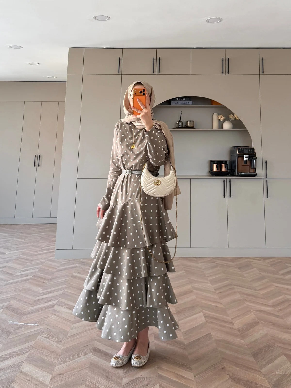 White Polka Dot Side-Tie Poplin Maxi Dress - Khaki