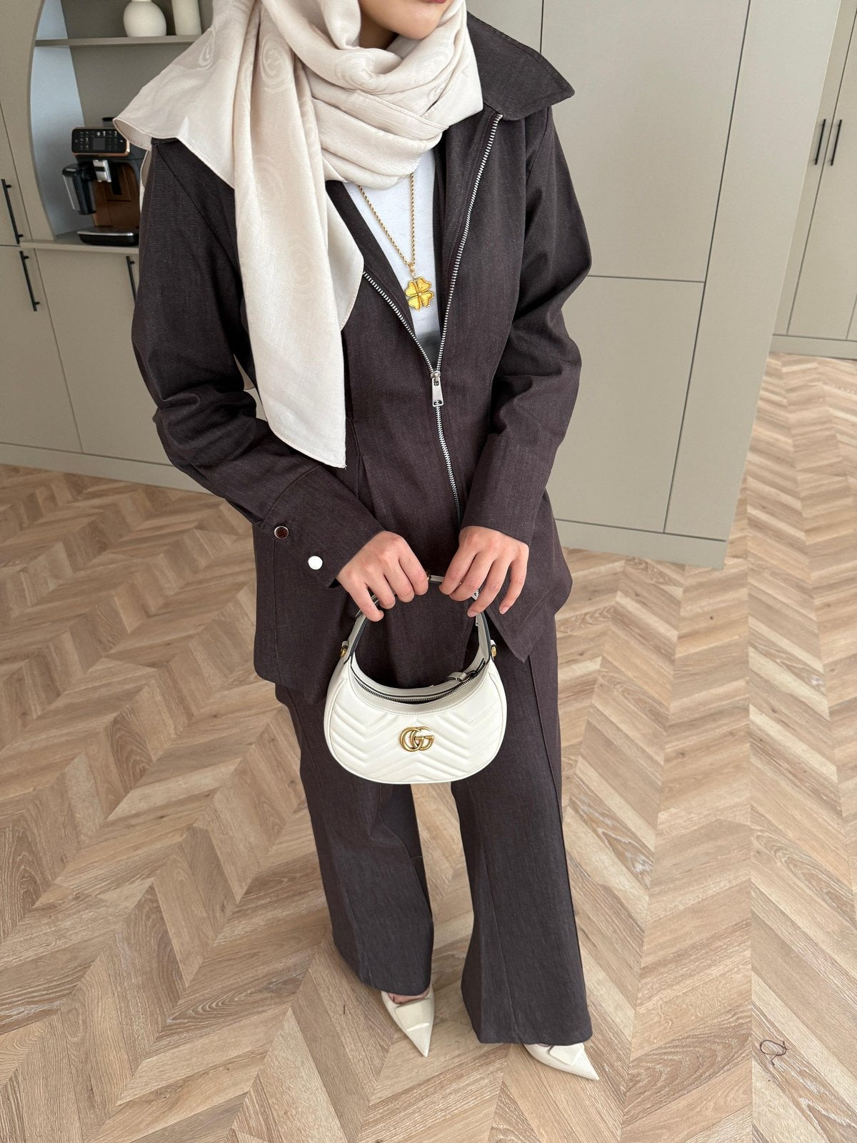 Stylish Denim Two-Piece Coordinated Set - Brown