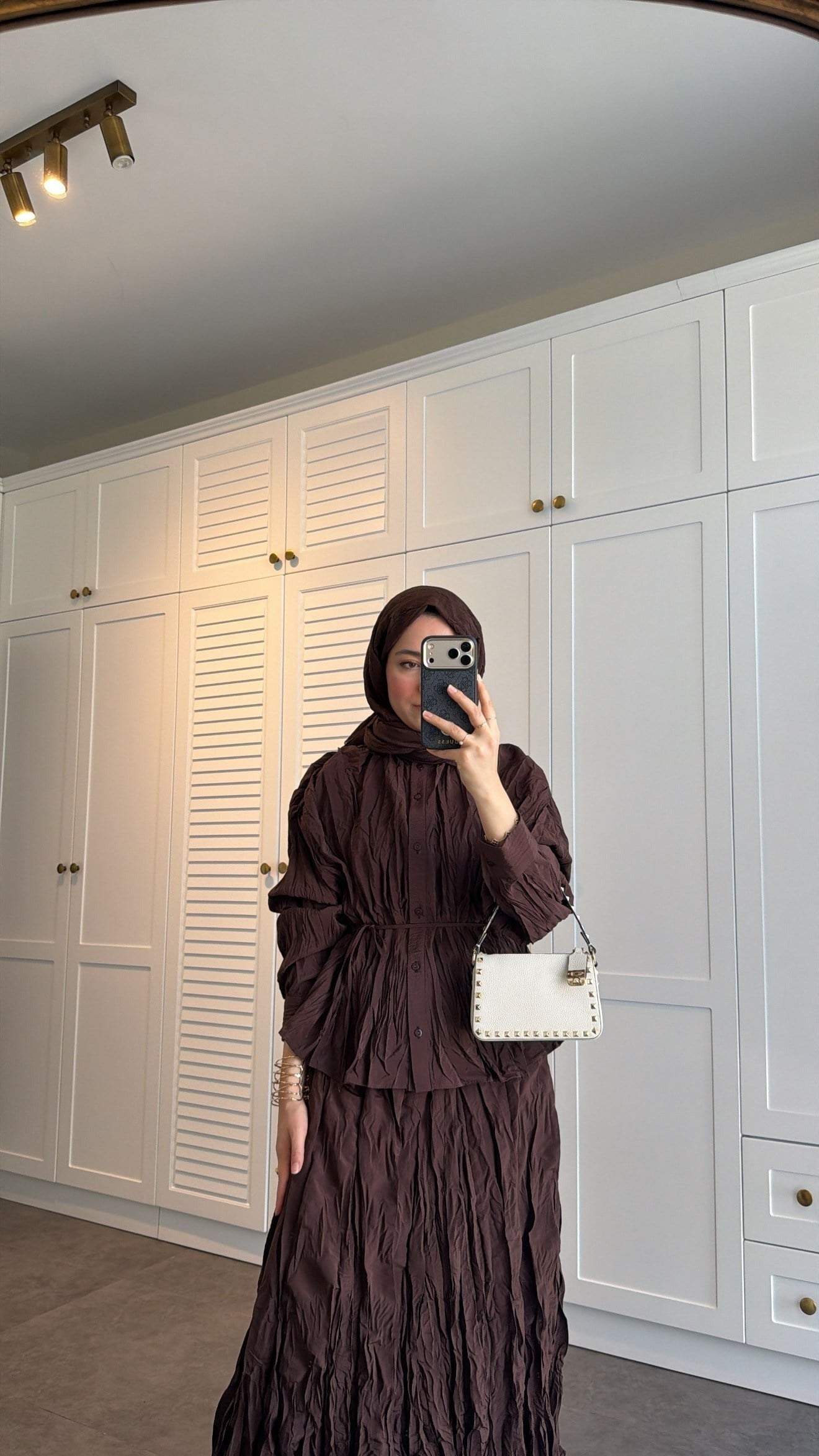 Brown Textured Crinkle-Effect Shirt & Maxi Skirt Co-ord Set