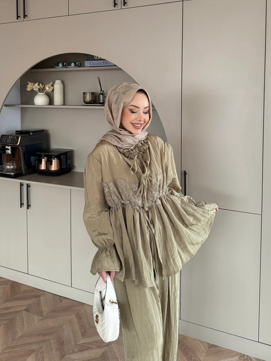 Nada Lace Detail Two-Piece Set – Khaki