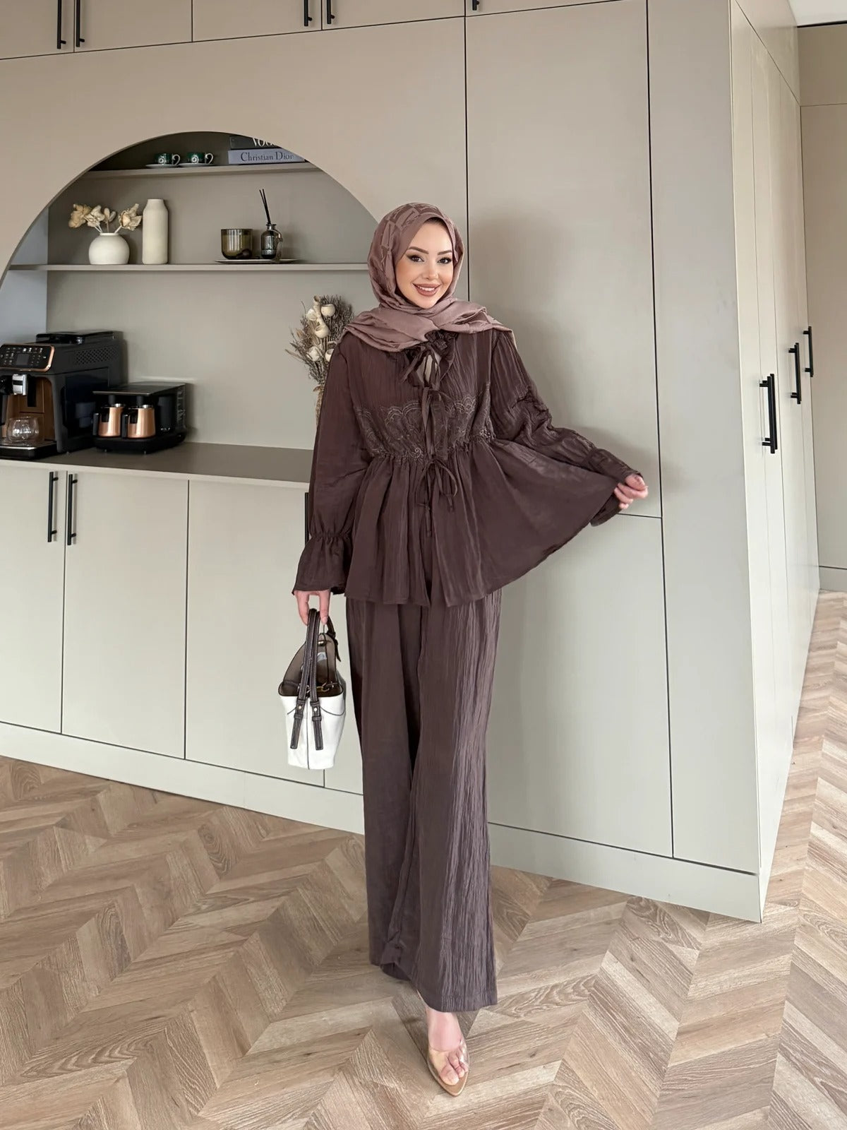 Nada Lace Detail Two-Piece Set – Brown