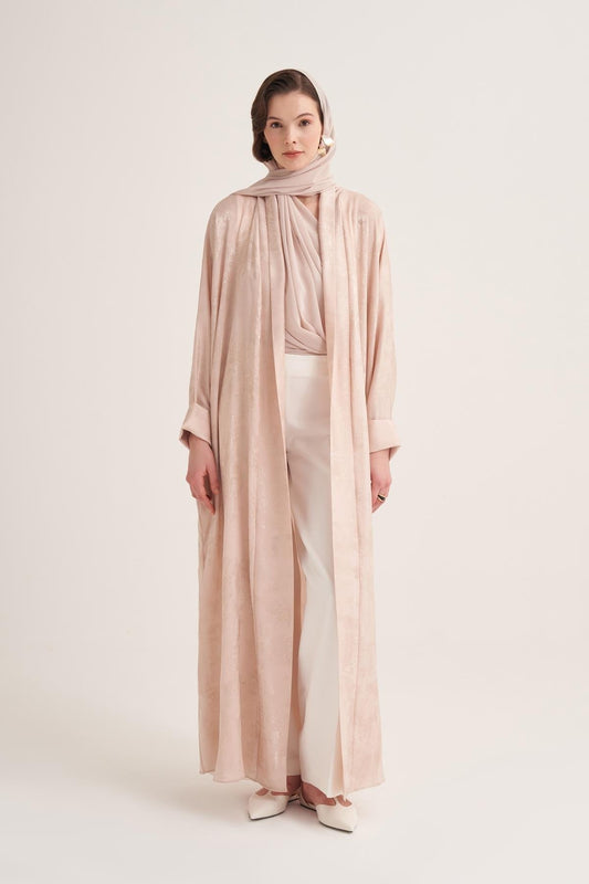 Gold-Textured Open Abaya in Cream with Matching Scarf