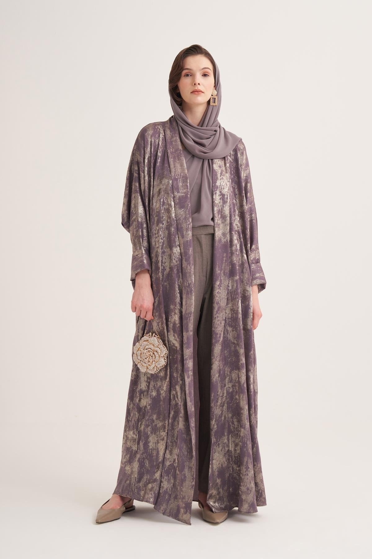 Gold-Textured Open Abaya in Dark Mink with Matching Scarf