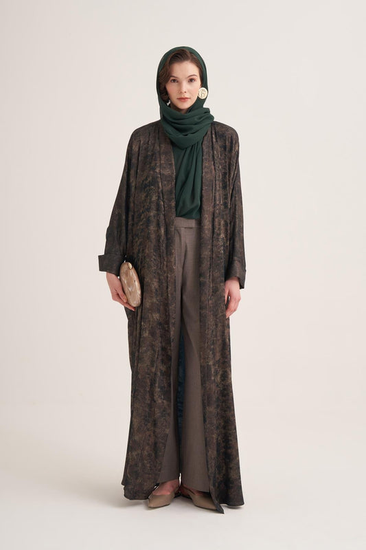 Gold-Textured Open Abaya in Green with Matching Scarf