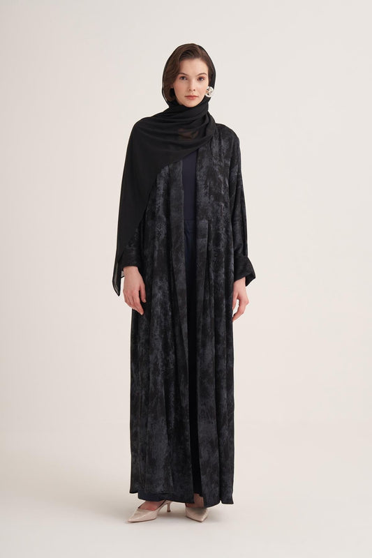 Gold-Textured Open Abaya in Black with Matching Scarf