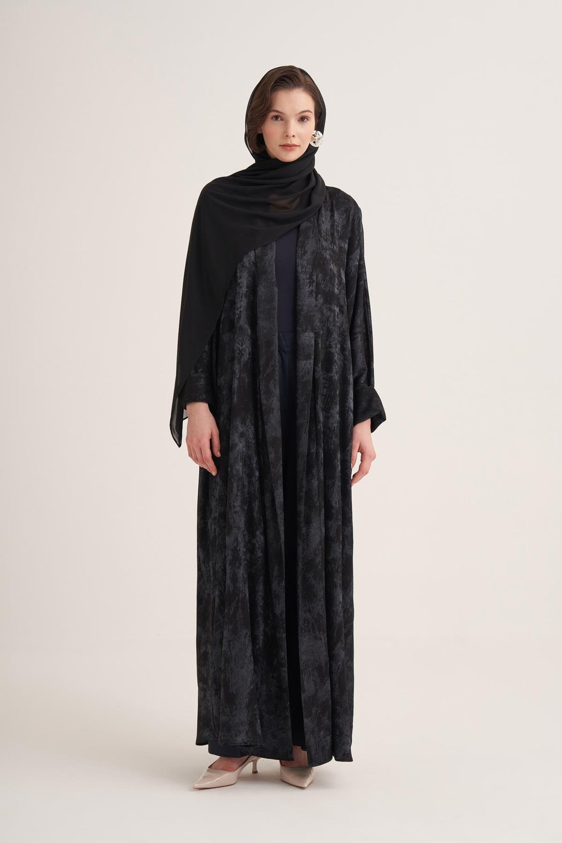 Gold-Textured Open Abaya in Navy Blue with Matching Scarf