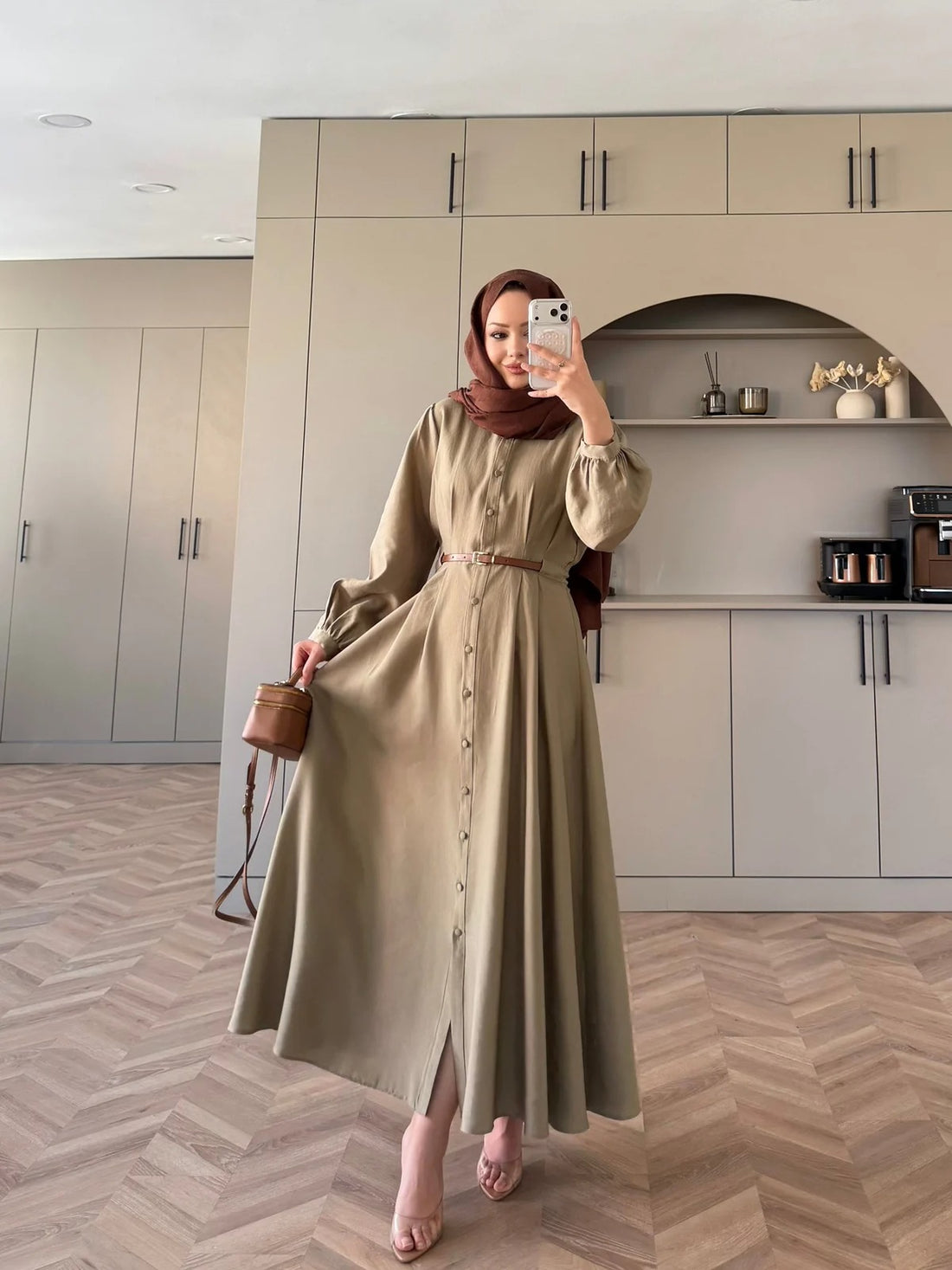 Pearl Belted Maxi Dress in Khaki