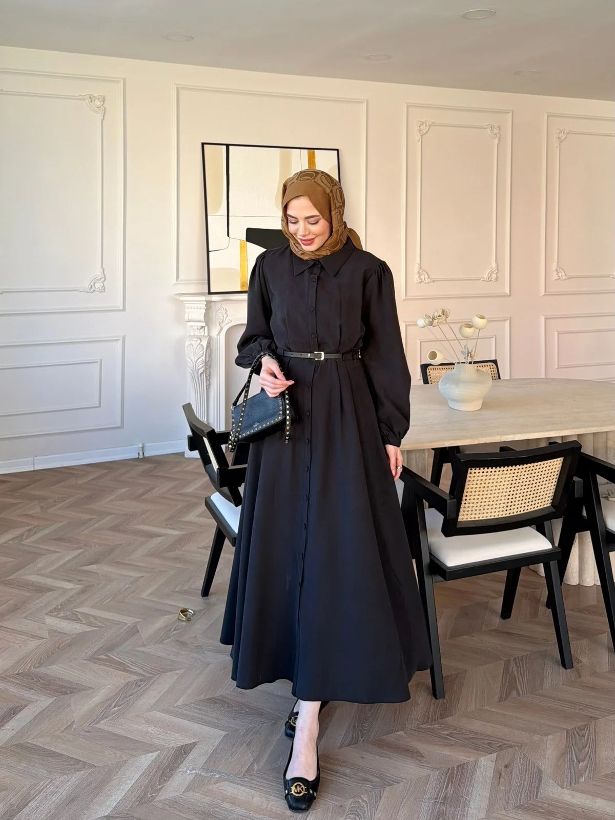 Pearl Belted Maxi Dress in Black