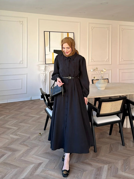 Pearl Belted Maxi Dress in Black