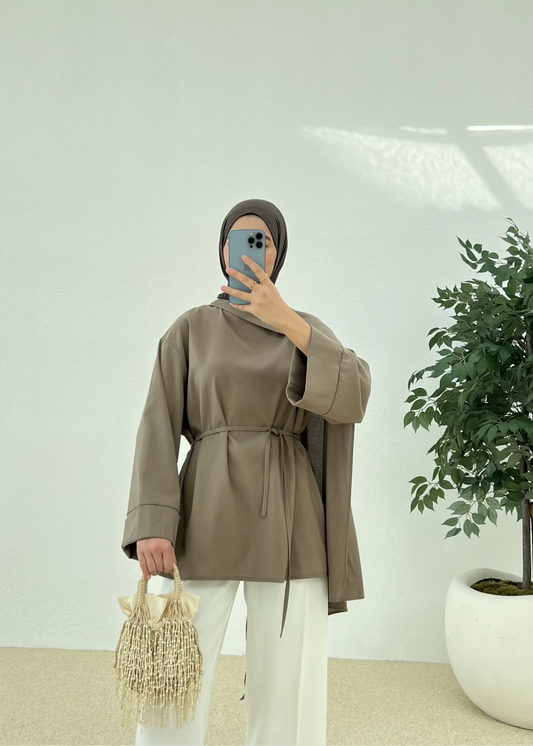 Chic Brown Tunic with Shawl Neckline