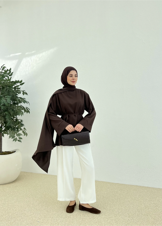Chic Brown Tunic with Shawl Neckline