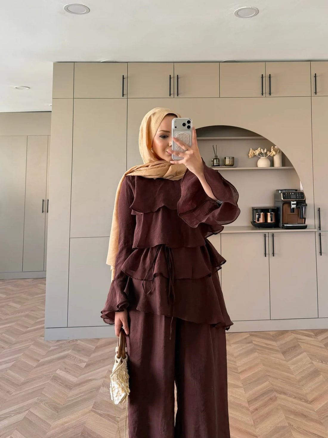 Tiered Tulle Trouser Set in Brown