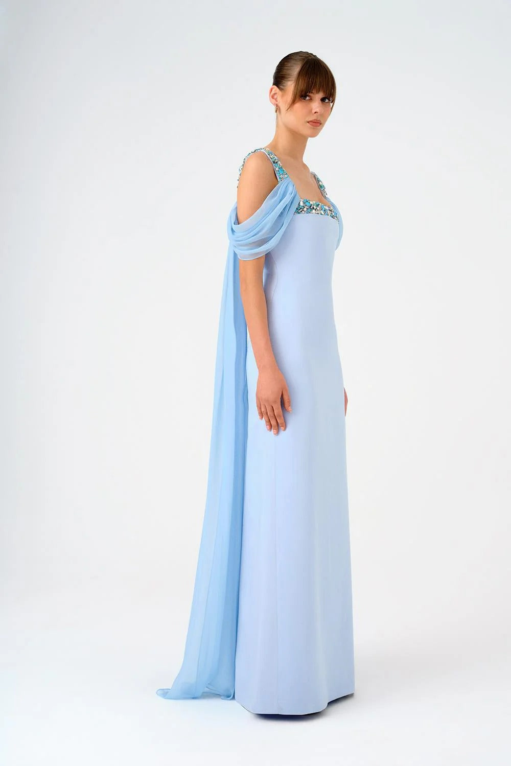 Chiffon Cape Stone Embroidered Long Evening Dress with Straps