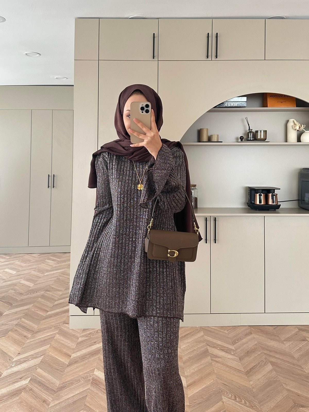 Sally Shimmer Knit Two-Piece Set – Dark Brown