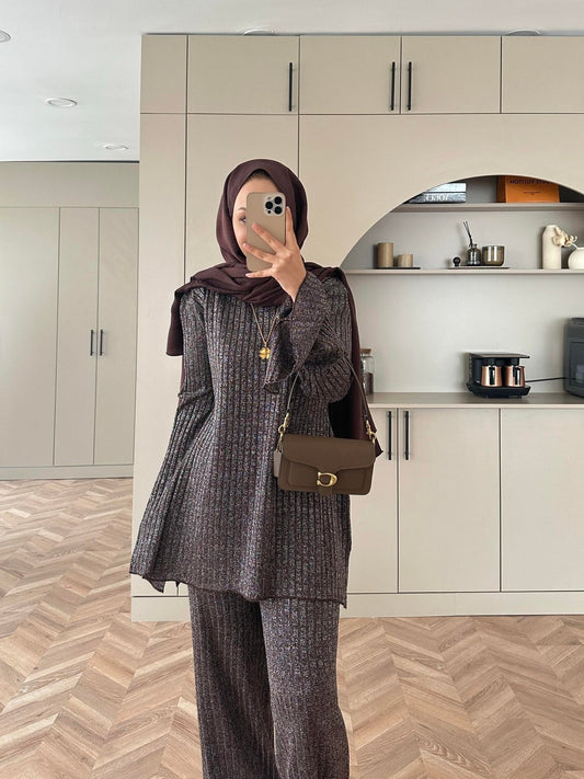 Sally Shimmer Knit Two-Piece Set – Dark Brown