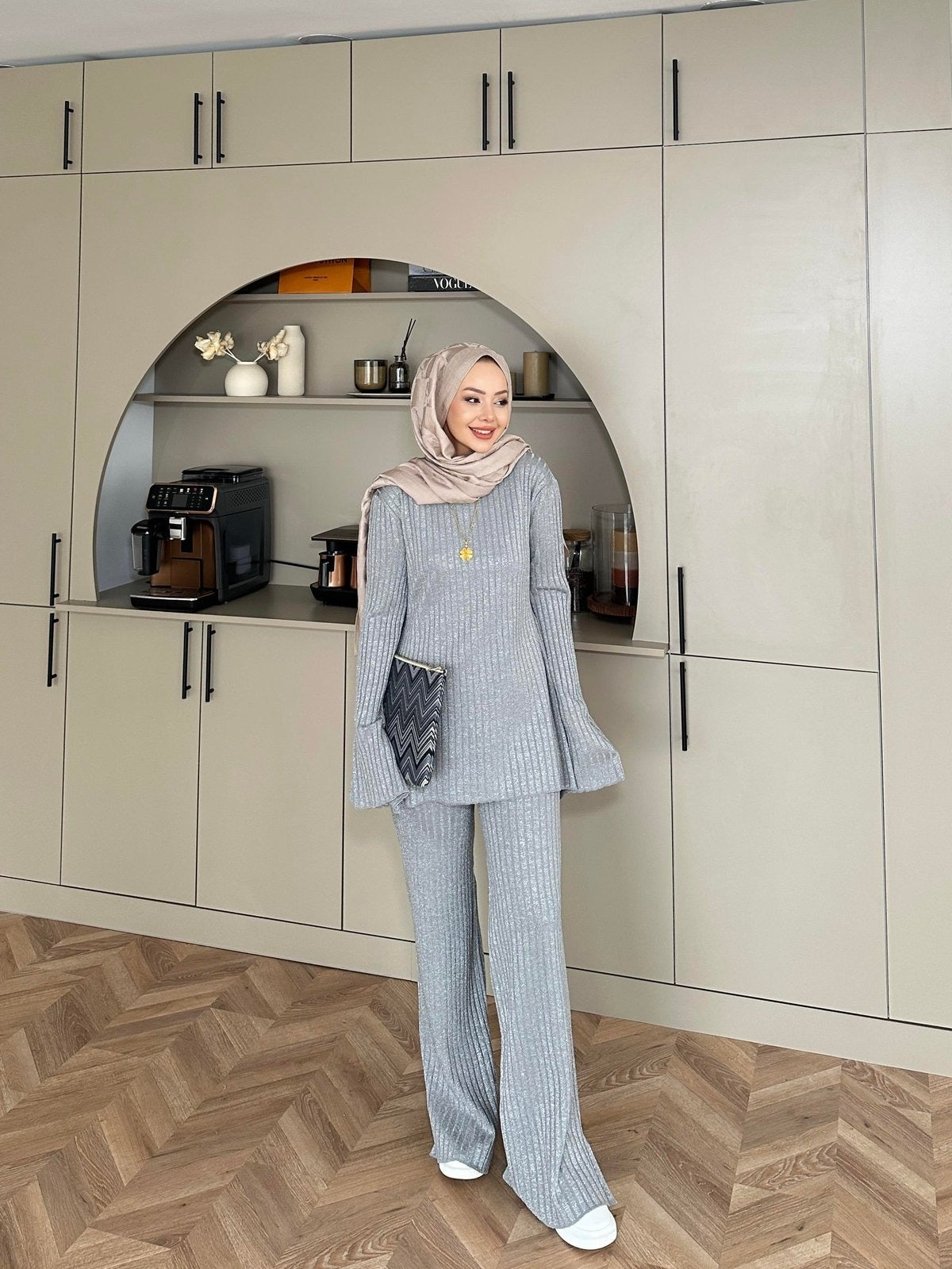 Sally Shimmer Knit Two-Piece Set – Gray