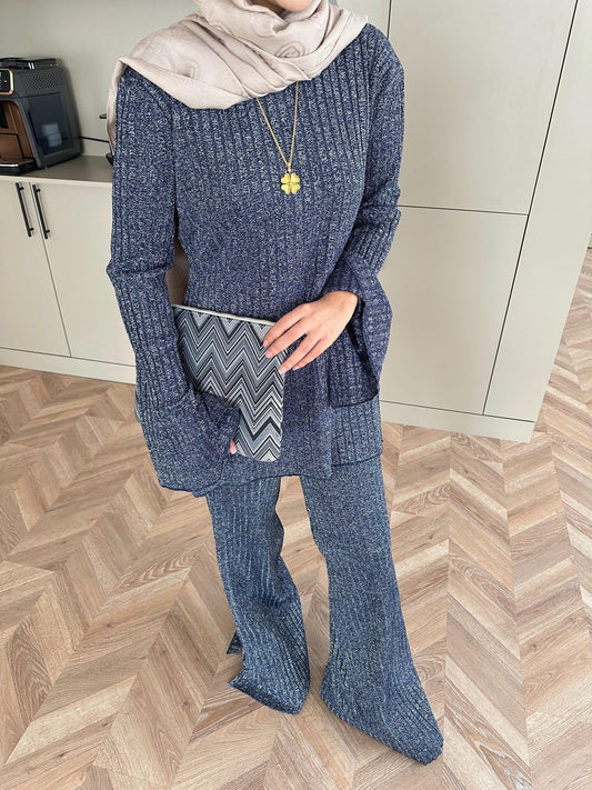 Sally Shimmer Knit Two-Piece Set – Navy Blue