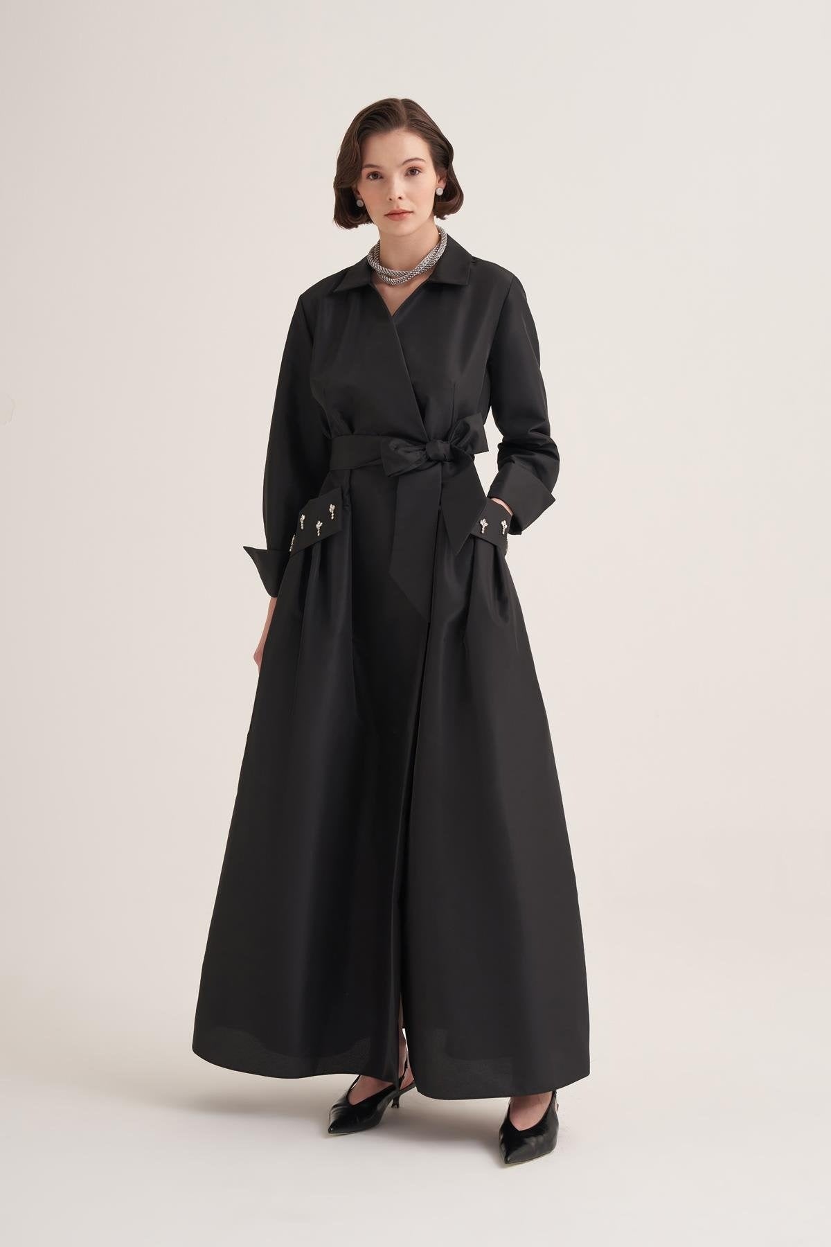 Black Satin Wrap Abaya with Handmade Embellished Crystal Pocket Detail