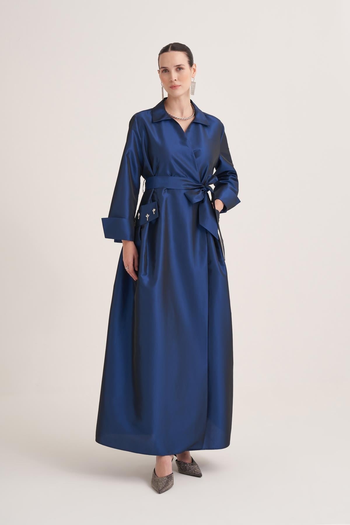 Royal Blue Satin Wrap Abaya with Handmade Embellished Crystal Pocket Detail