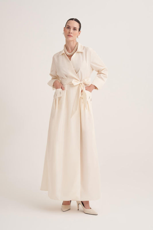 Cream Satin Wrap Abaya with Handmade Embellished Crystal Pocket Detail