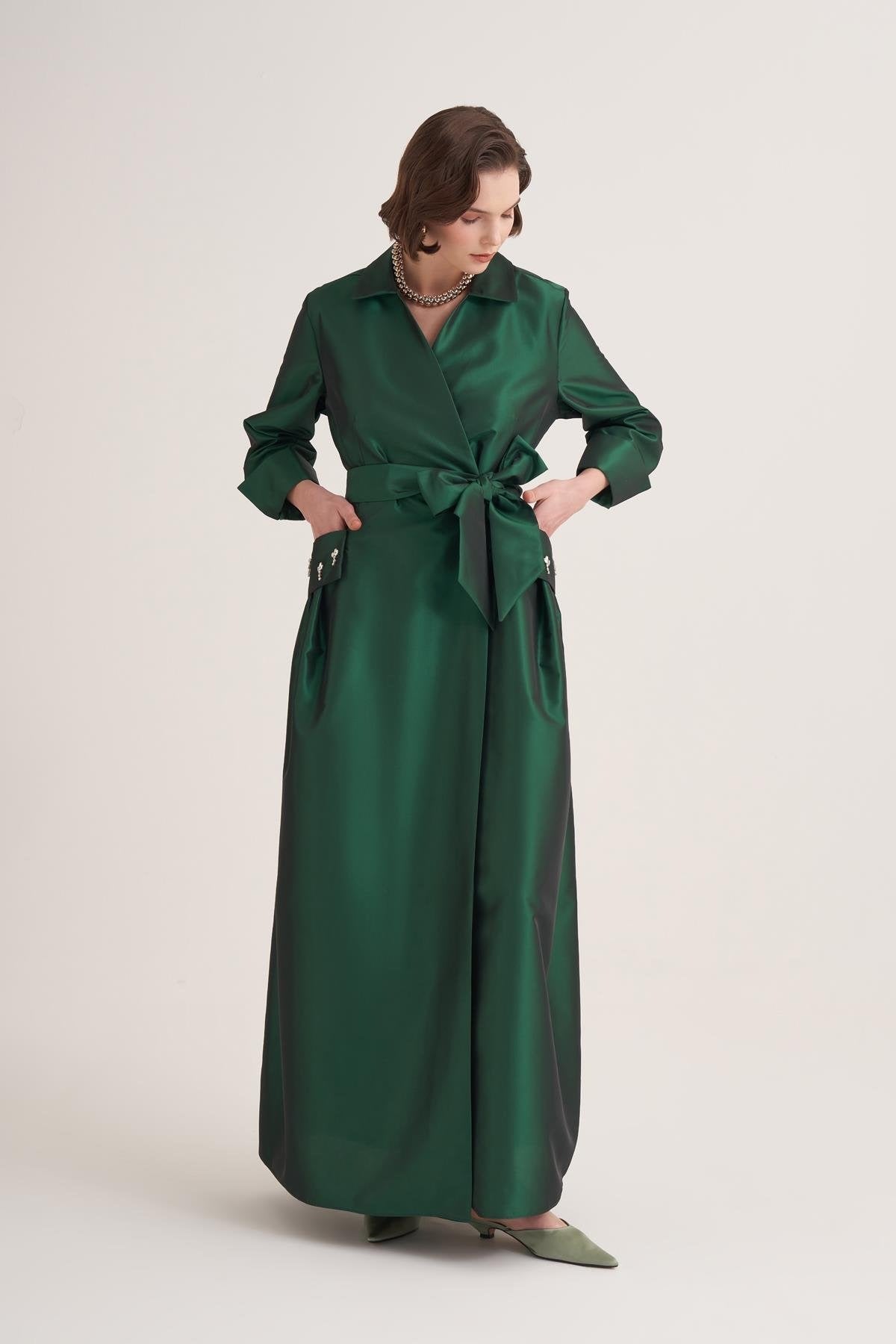Emerald Satin Wrap Abaya with Handmade Embellished Crystal Pocket Detail