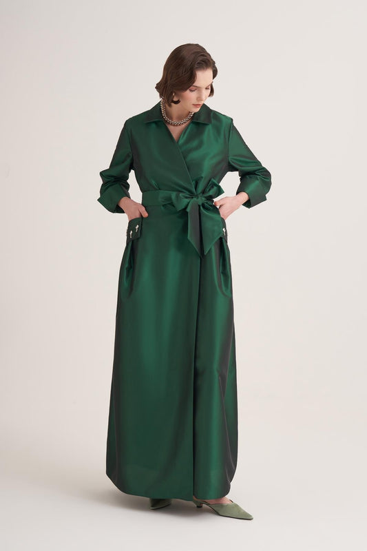 Emerald Satin Wrap Abaya with Handmade Embellished Crystal Pocket Detail