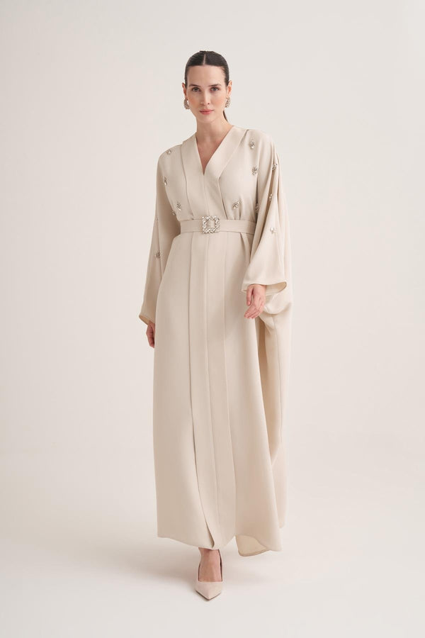 Beige Kaftan with Crystal Hand Embellishments & Jewelled Belt Buckle