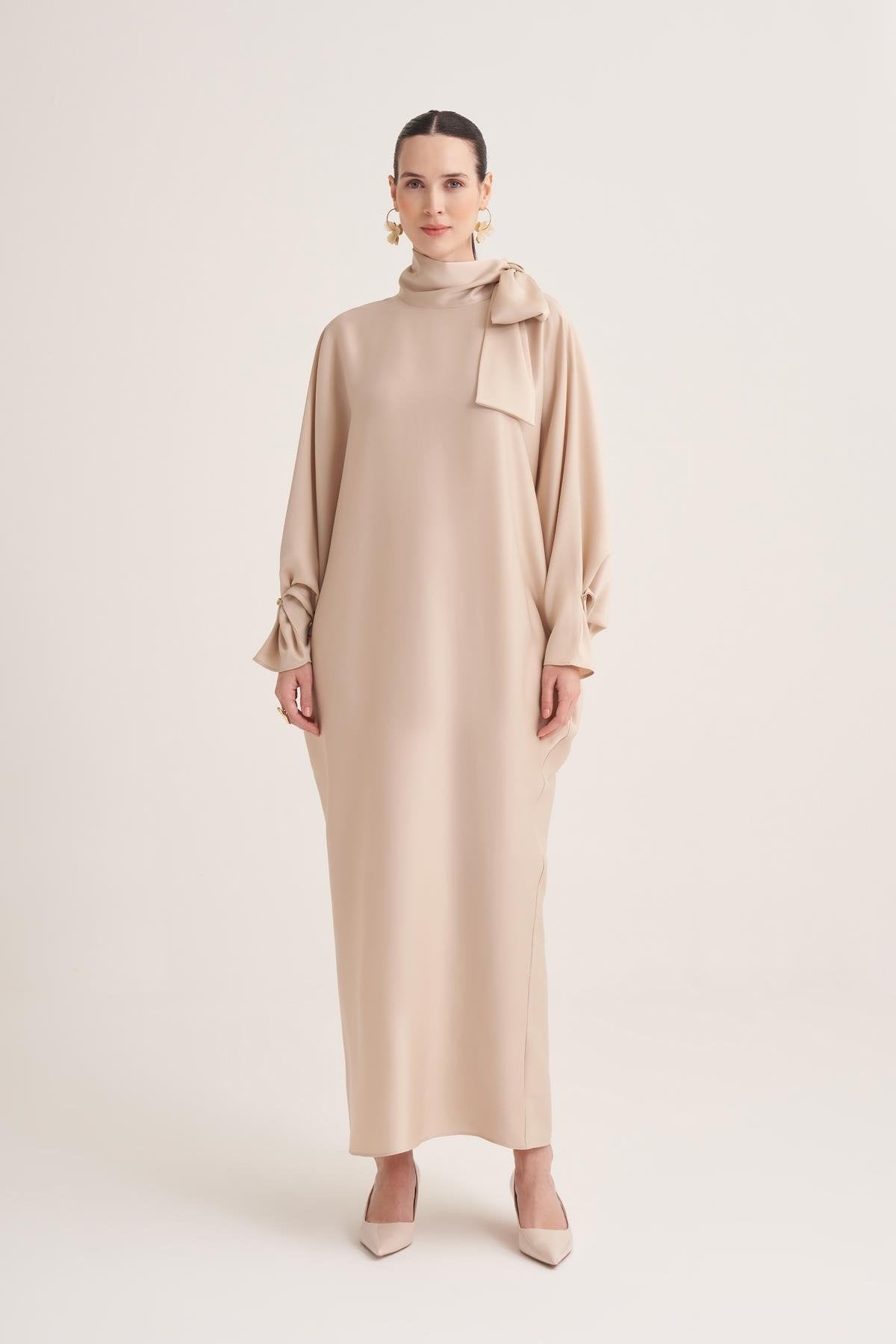Beige Satin Batwing Sleeve Maxi Dress with Bow Neck Detail
