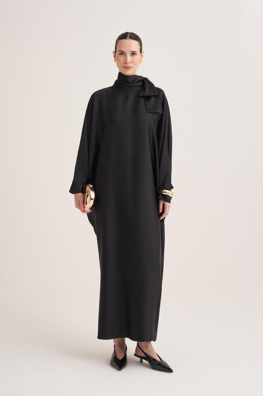 Black Satin Batwing Sleeve Maxi Dress with Bow Neck Detail