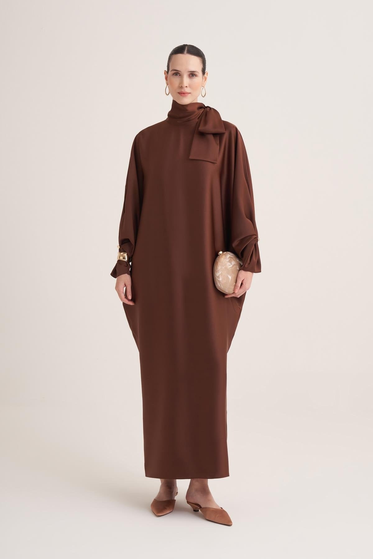 Brown Satin Batwing Sleeve Maxi Dress with Bow Neck Detail