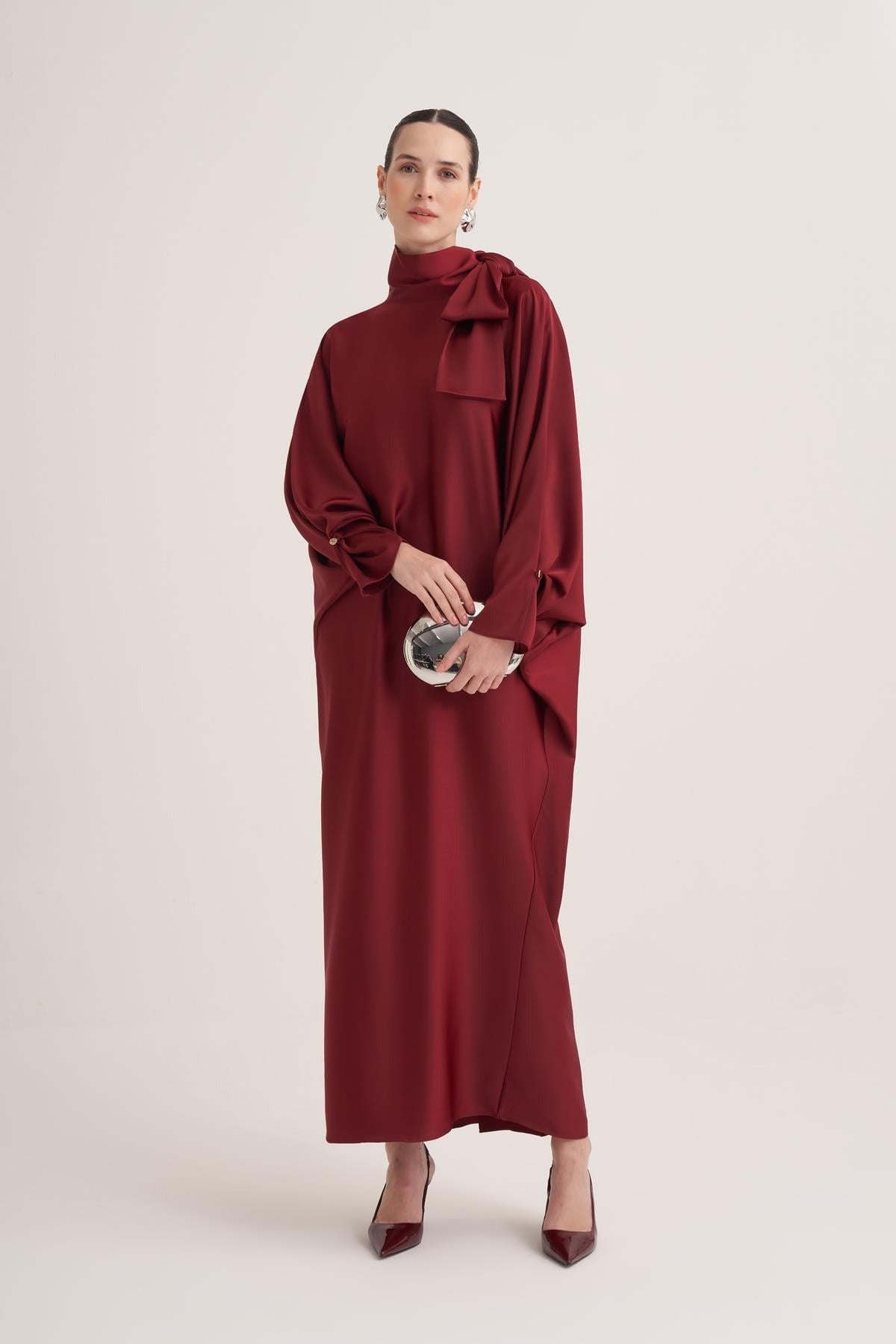 Burgundy Satin Batwing Sleeve Maxi Dress with Bow Neck Detail
