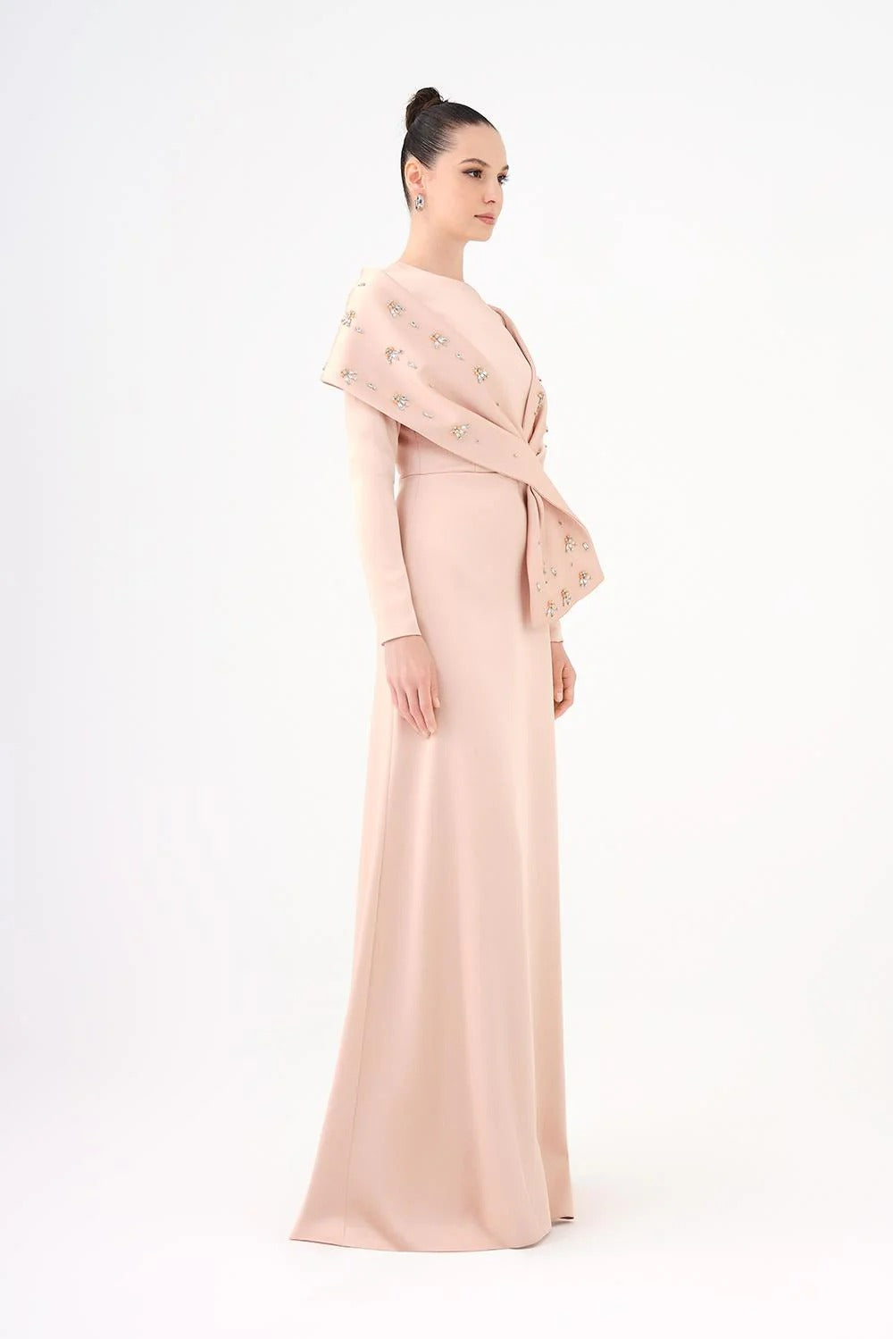 Embellished Satin Long Evening Dress with Shawl-Champagne