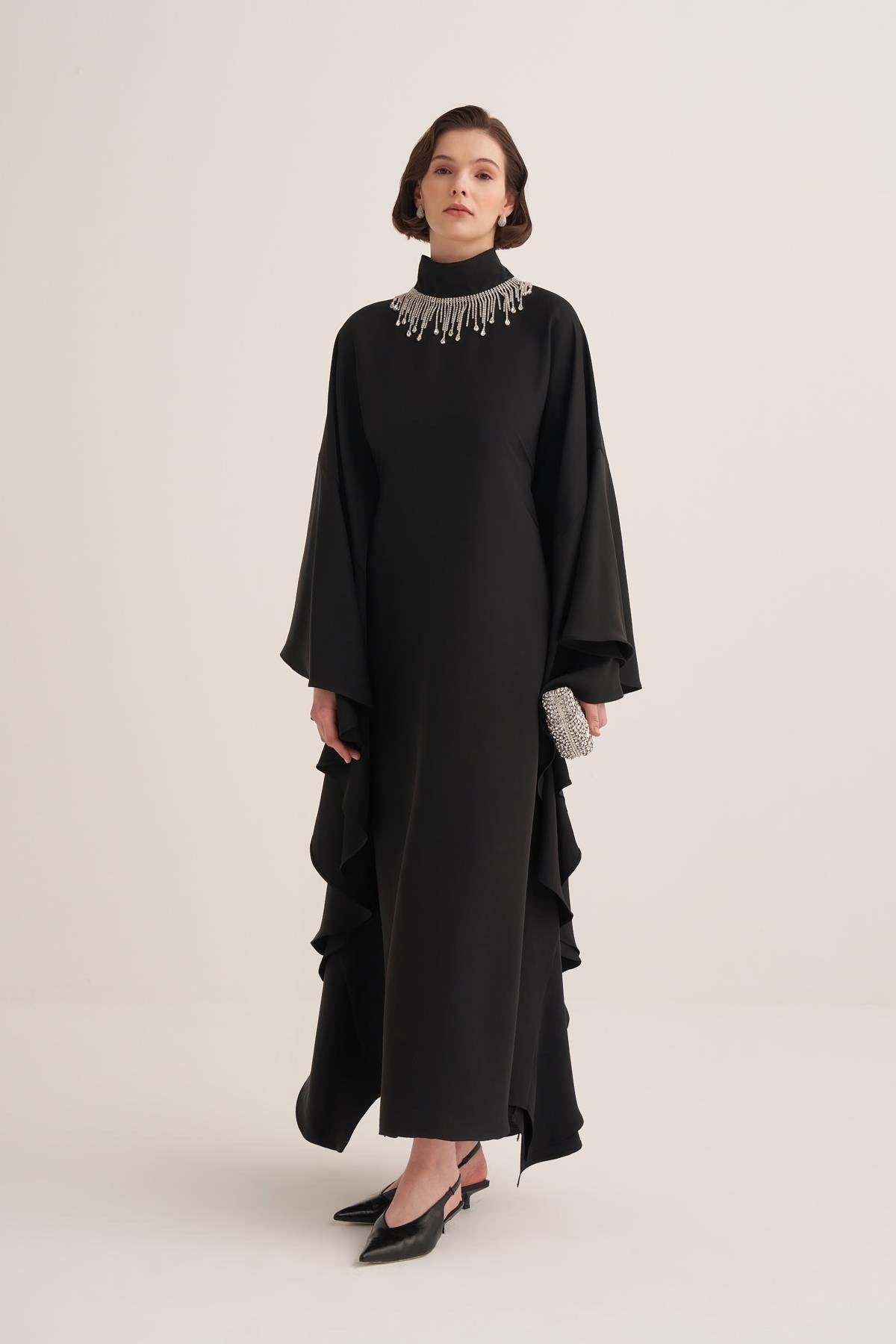 Black Kaftan Dress with Draped Cape Sleeves & Crystal Fringe Neckline