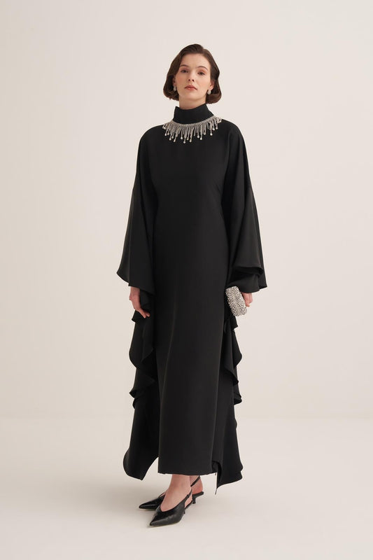 Black Kaftan Dress with Draped Cape Sleeves & Crystal Fringe Neckline