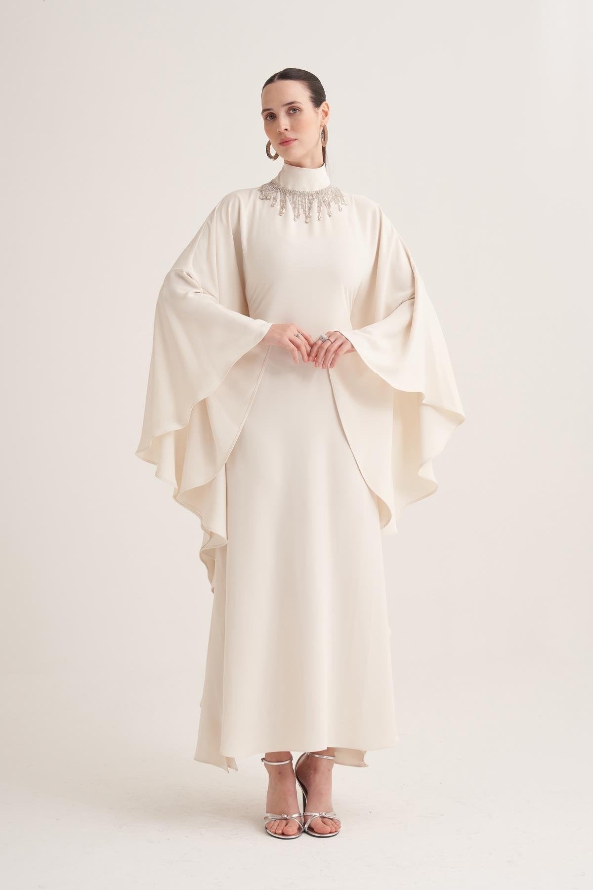 Cream Kaftan Dress with Draped Cape Sleeves & Crystal Fringe Neckline
