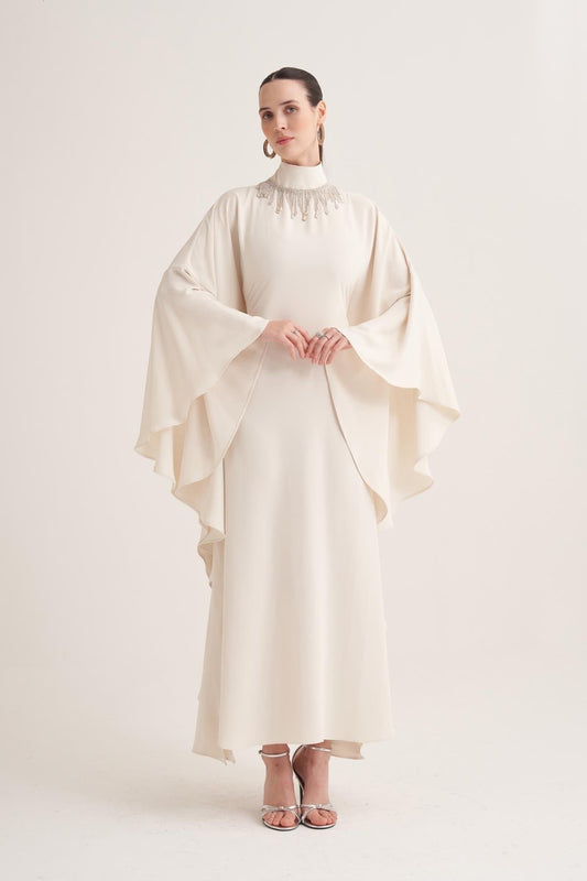Cream Kaftan Dress with Draped Cape Sleeves & Crystal Fringe Neckline