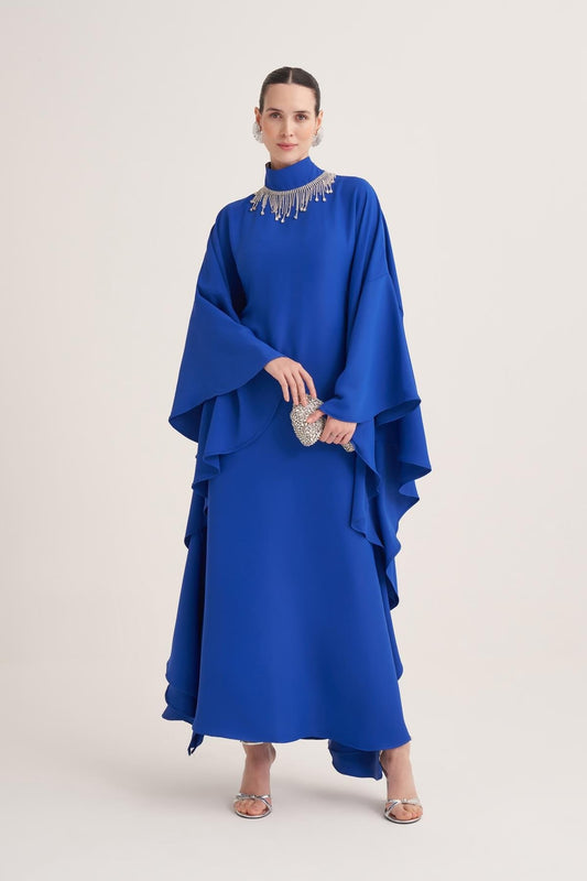 Royal Blue Kaftan Dress with Draped Cape Sleeves & Crystal Fringe Neckline