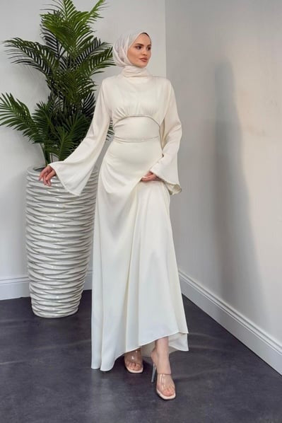 Elegant White Satin Modest Evening Dress with Baguette Stone Waist Detail