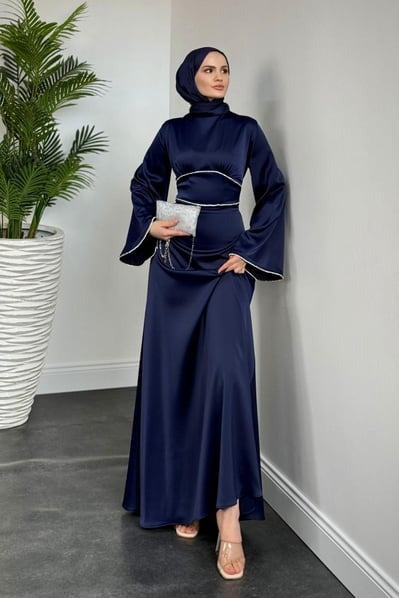 Elegant Navy Satin Modest Evening Dress with Baguette Stone Waist Detail