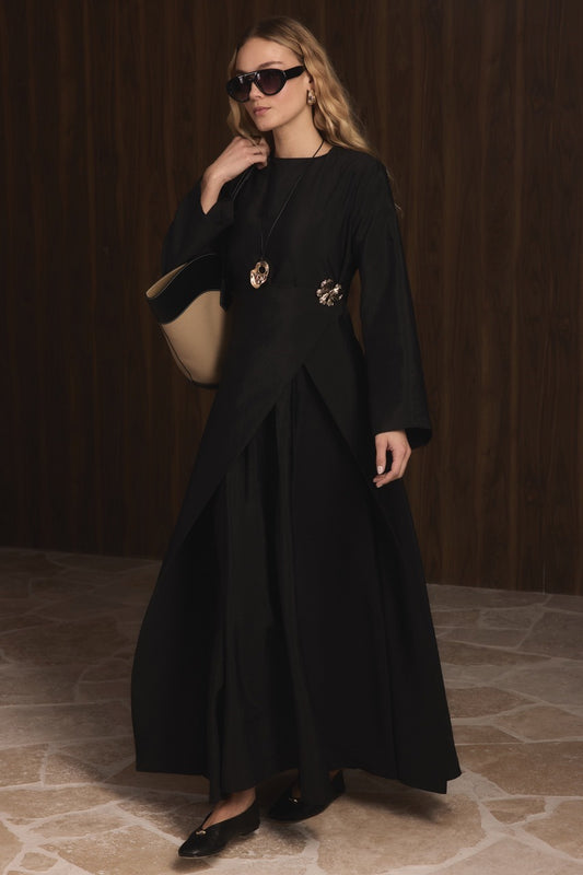 Front Brooch Detail Cupro Maxi Dress – Black